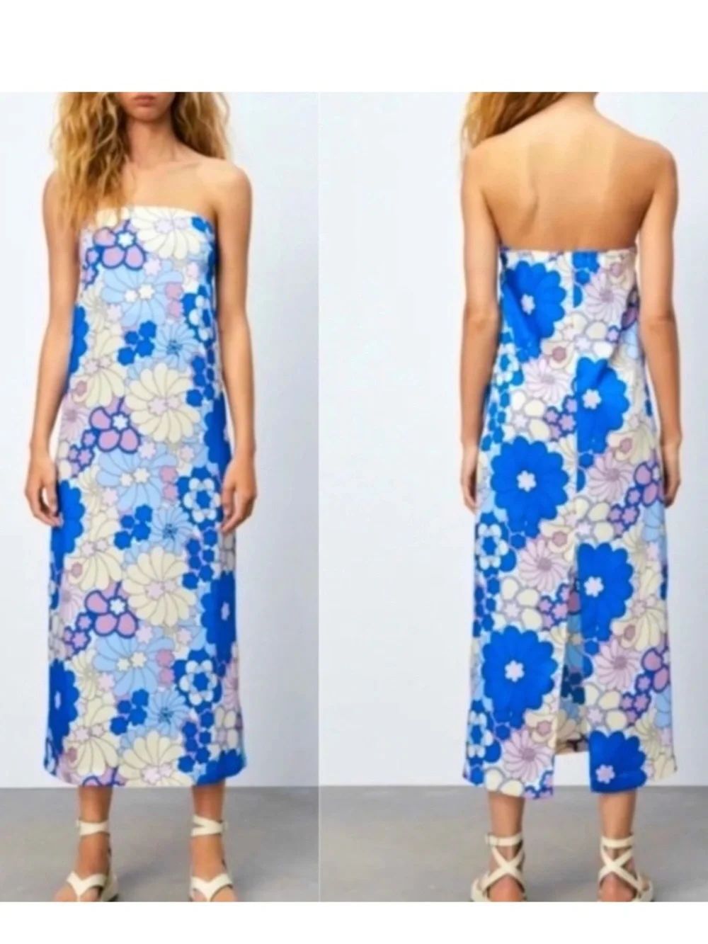 Zara Strapless Blue Floral Dress Size XXL